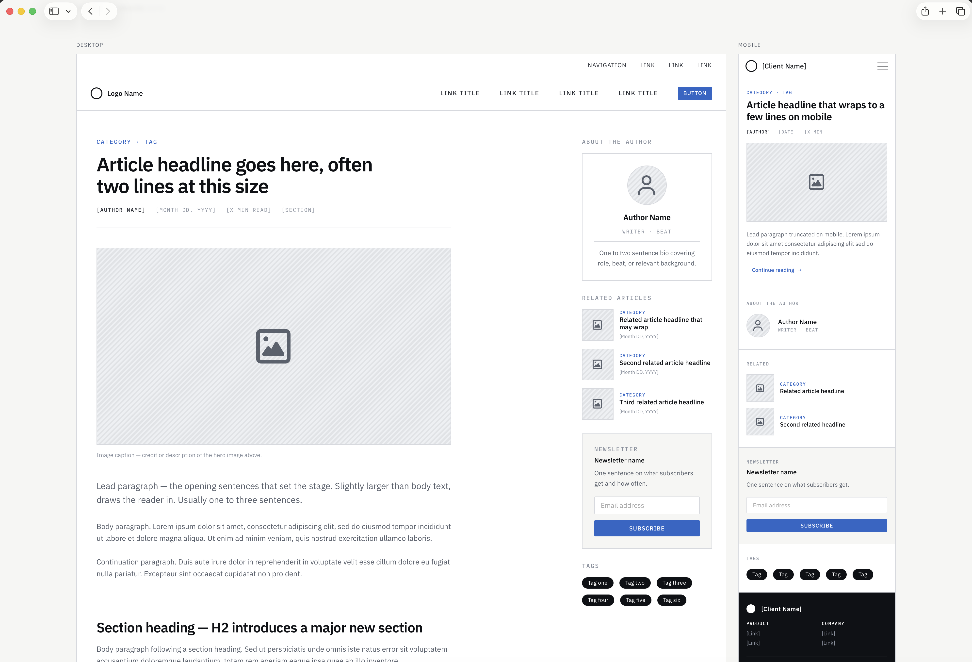 Article page wireframe example