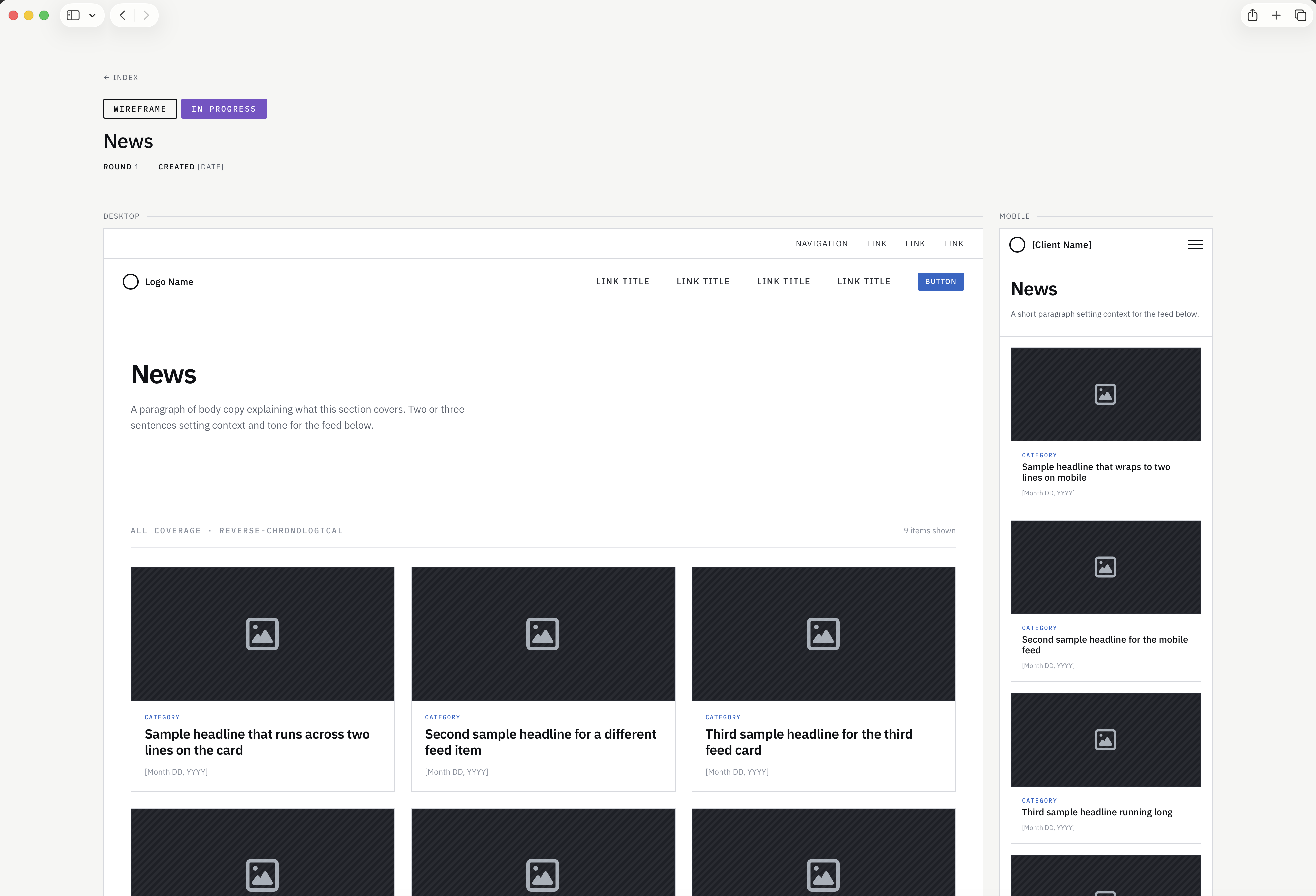 News listing wireframe example