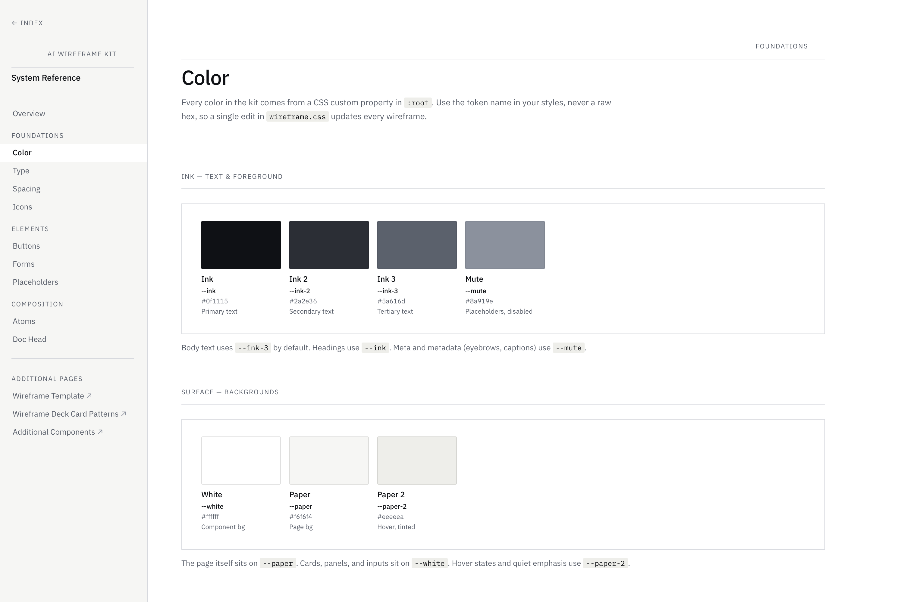 Color and token documentation